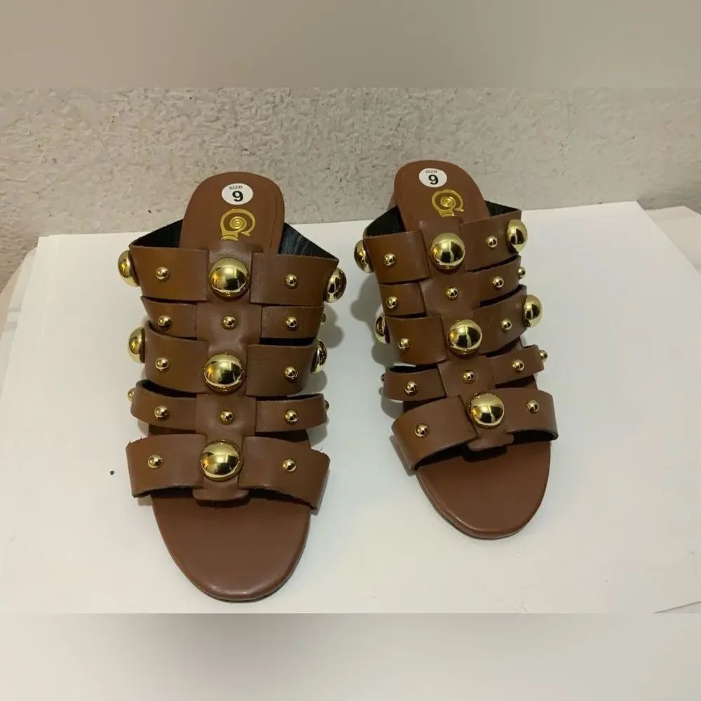 GOLO Worthy Studded Slide Leather Sandal, Brown, Italian Leather 9